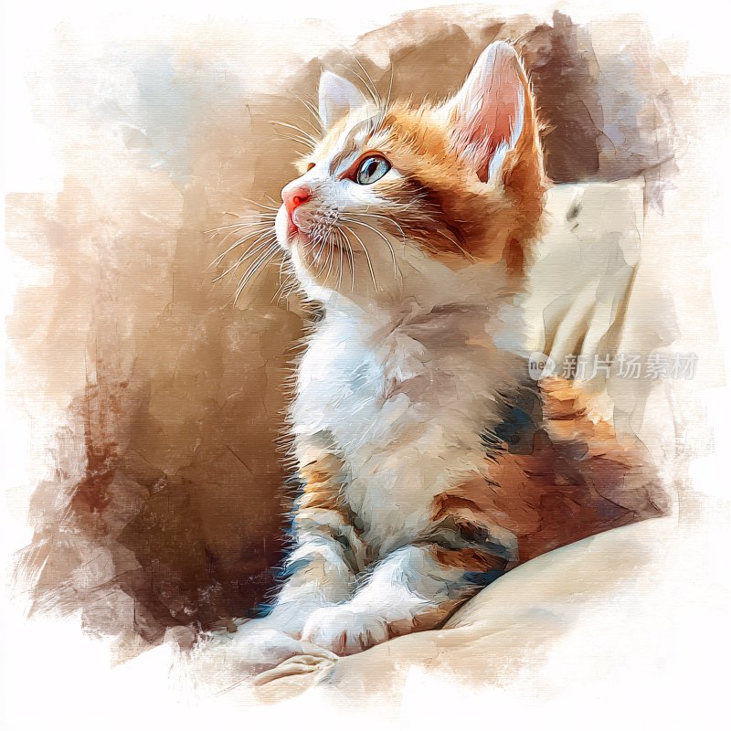 水彩风格可爱小猫抬头凝望