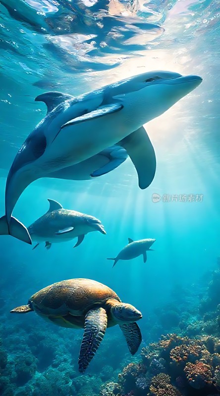 海豚与海龟共舞海底世界