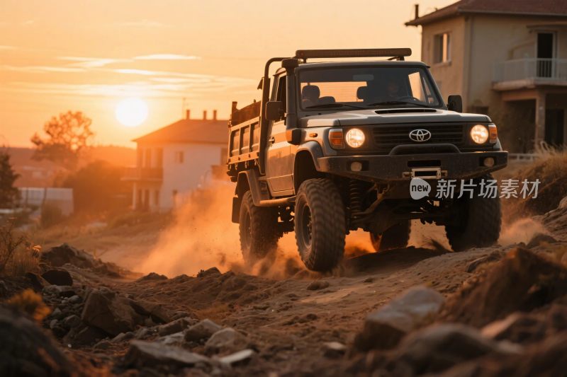 夕阳下越野卡车行驶在土路上