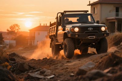 夕阳下越野卡车行驶在土路上 夕阳下越野卡车行驶在土路上