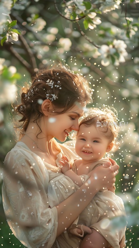 母女情深花雨中温馨相拥