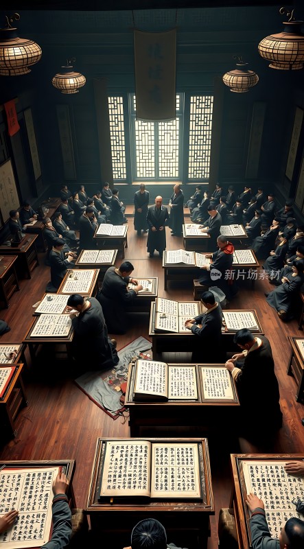 古风教室里学子们专心致志地学习书法