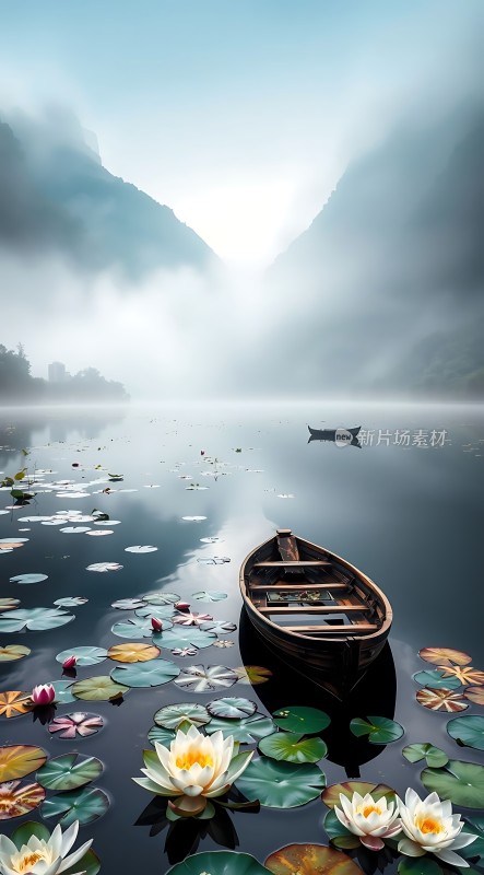 湖畔轻舟映水莲