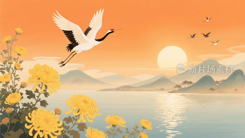 夕阳下飞鹤伴黄花美景