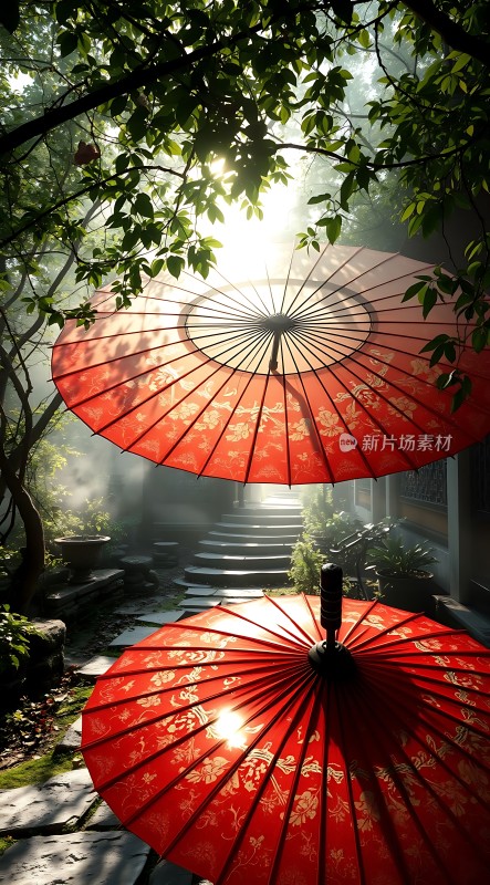 阳光下的红色油纸伞