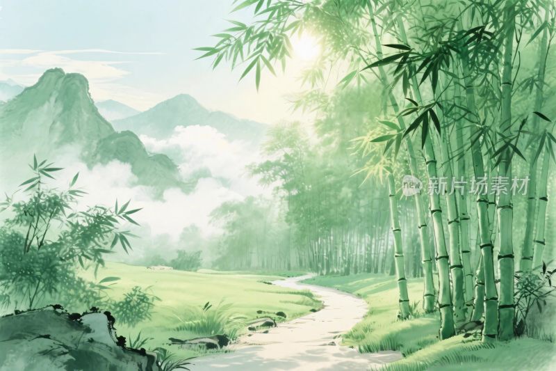 山水竹林风景插画