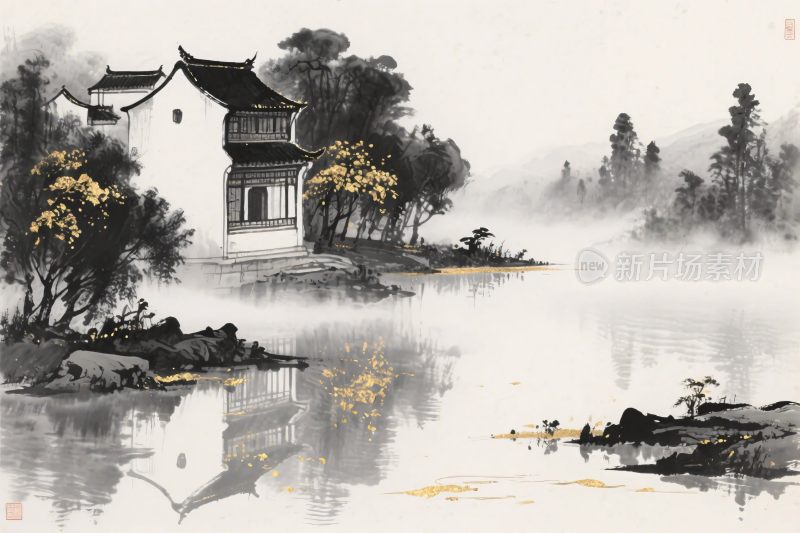 水墨山水古建筑风景