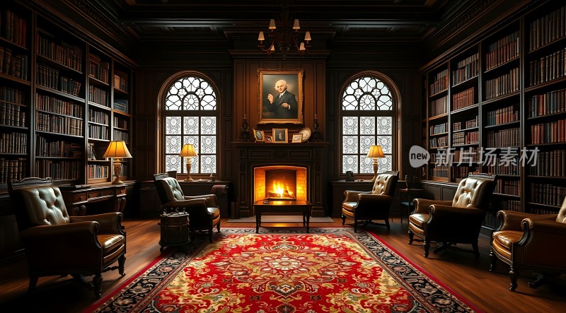 古典书房书架、壁炉和地毯营造温馨氛围