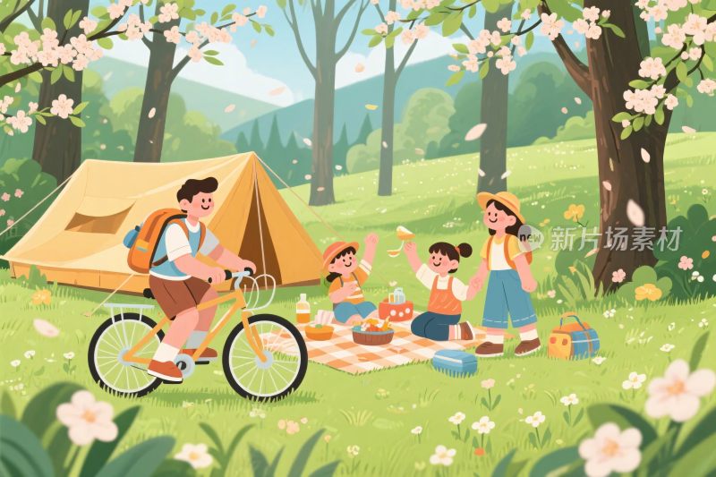 一家人户外露营野餐场景