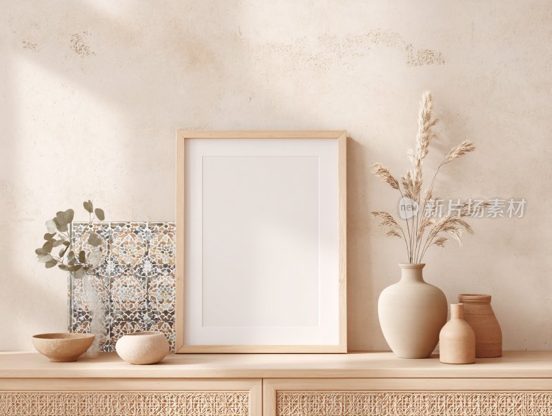 简约装饰摆件与空白画框场景