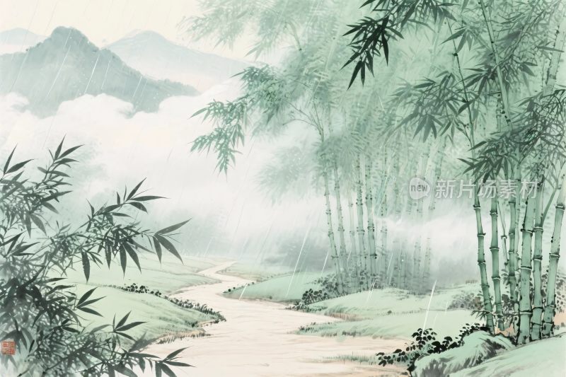 水墨山水竹林画