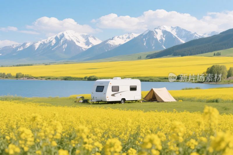 房车油菜花田雪山风景