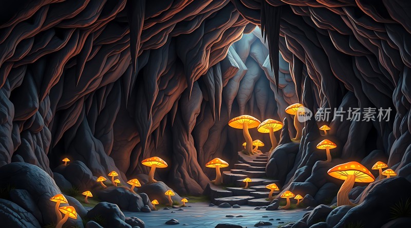 神秘洞穴中的发光蘑菇之路