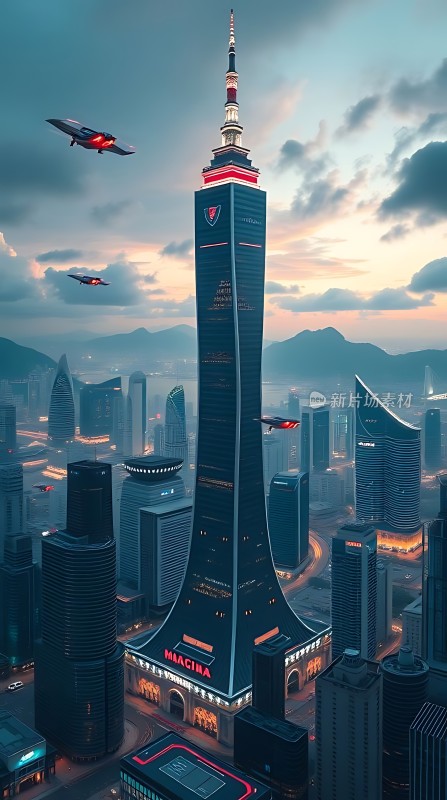 未来之城摩天大楼与飞行器共舞