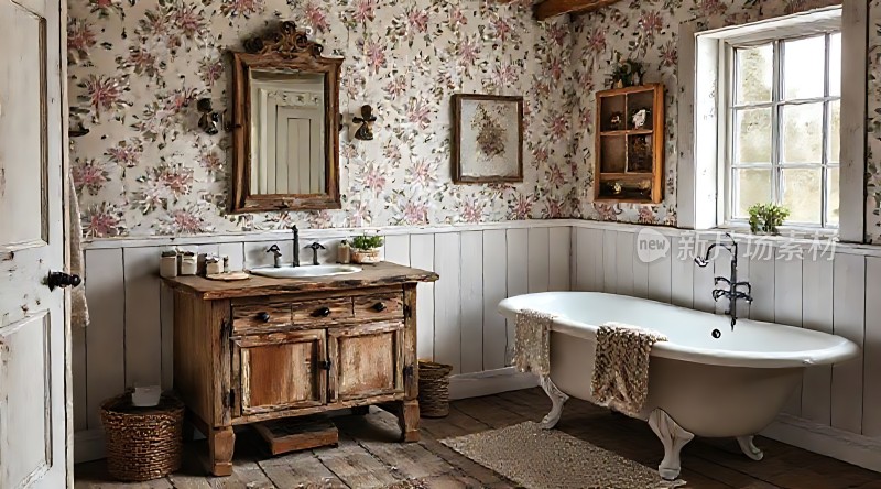 复古浴室木制洗手台与浴缸花卉壁纸自然光线