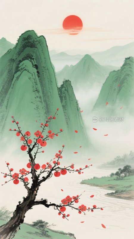 红梅映山景红日悬天际