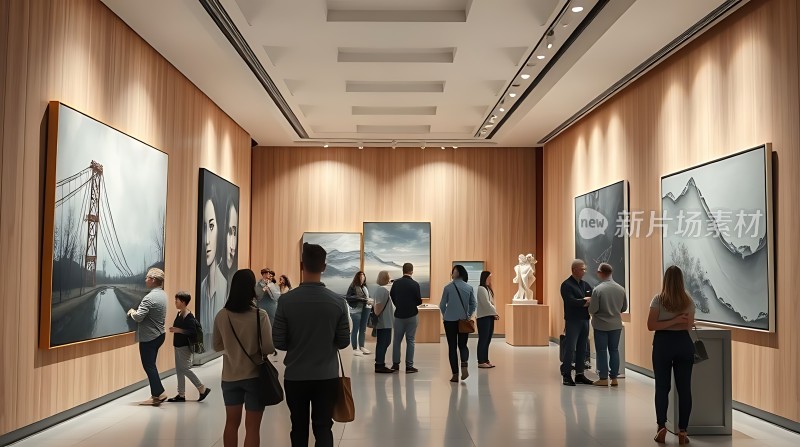 艺术馆内观众欣赏画作与雕塑
