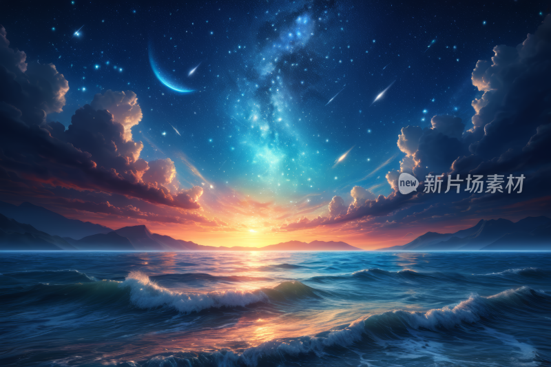 海洋上的星空有明亮的月亮和星星风景图片