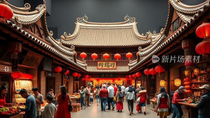 古色古香市场红灯笼映照繁华街景