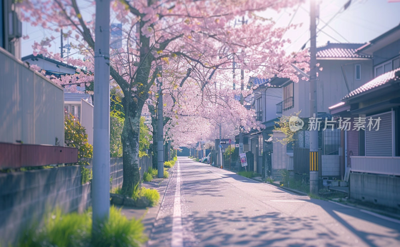 樱花树盛开的城市街道