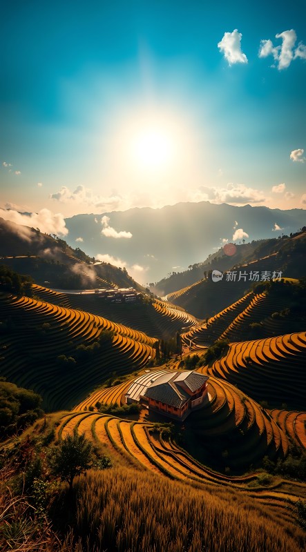 梯田晨曦阳光洒满大地