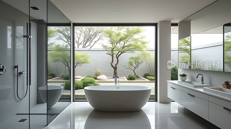 现代浴室设计简约风格大落地窗绿意盎然