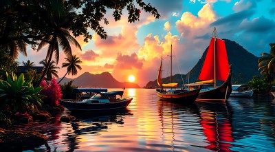 日落椰林帆影映波光