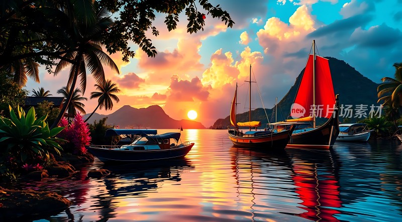 日落椰林帆影映波光