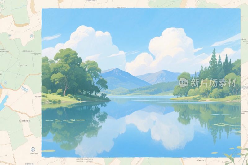 山水湖景风景插画