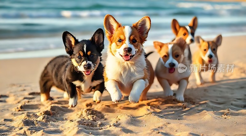 海滩上的柯基犬欢乐奔跑