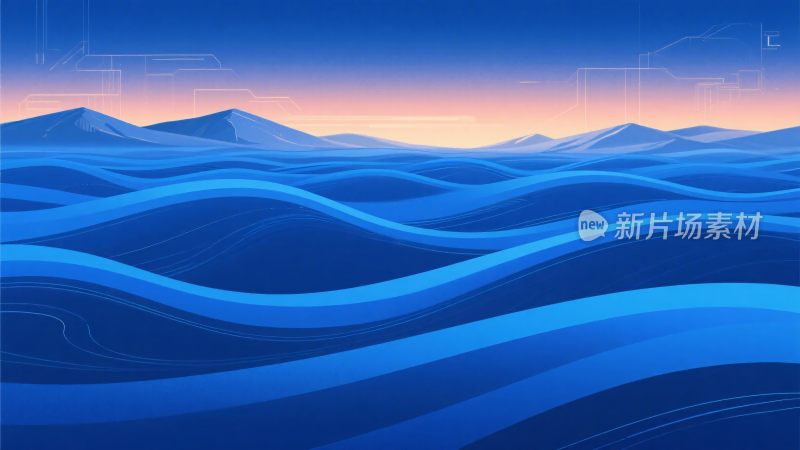 蓝色波浪起伏的山川风景插画