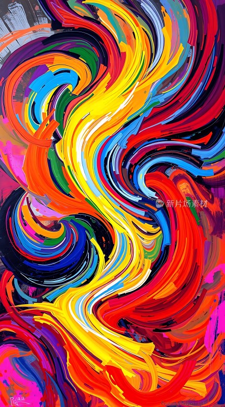 色彩旋涡红色、黄色、蓝色交织的艺术风暴