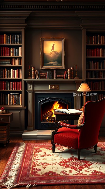 书架环绕的书房壁炉旁的红椅与地毯营造温馨阅读氛围