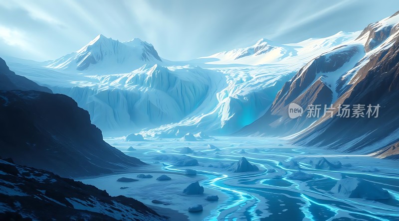 冰封山谷雪峰耸立阳光照耀下的冰雪世界