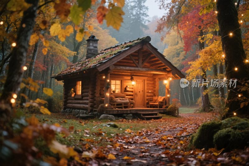 秋日森林中的温馨小木屋