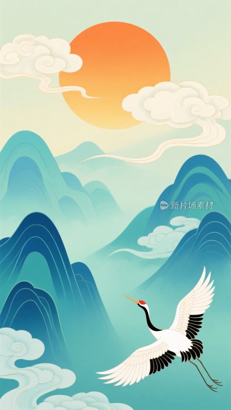 飞鹤伴山日的中式美景