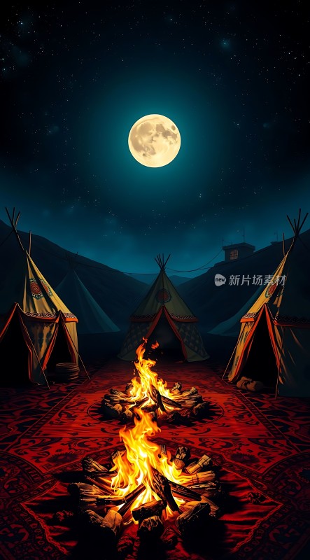 篝火旁的星空下的帐篷