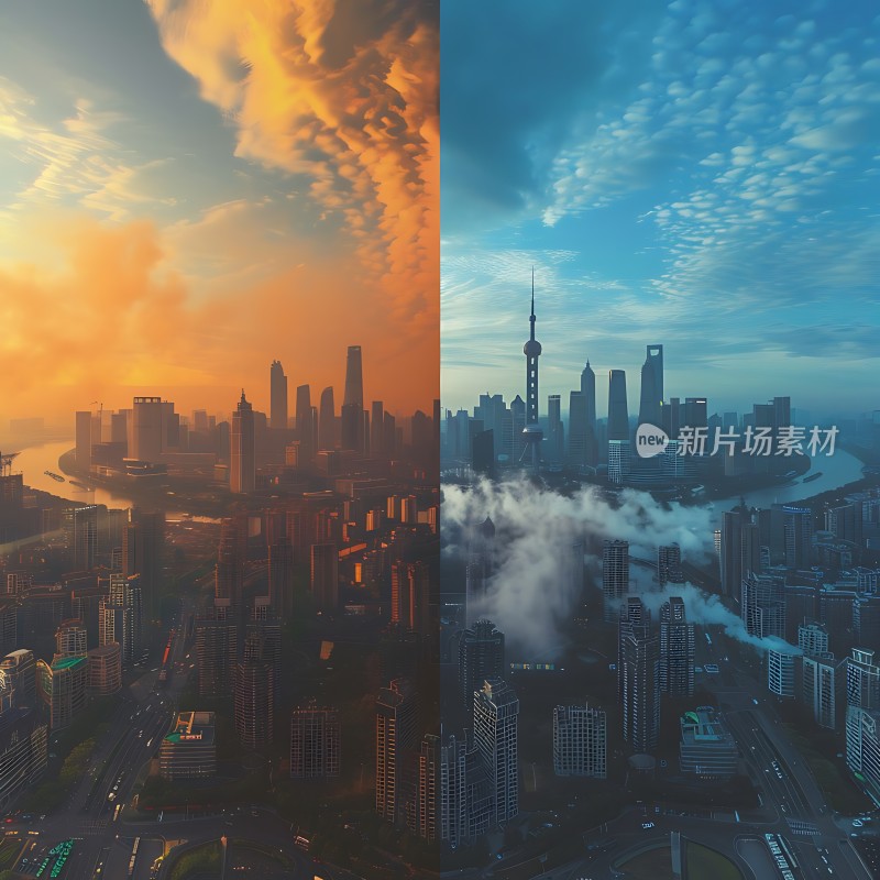 日出与日落的城市天际线对比