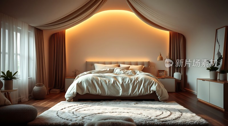 温馨卧室舒适床铺柔和灯光自然光线简约装饰