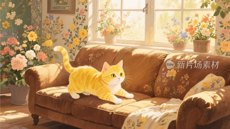 温馨橘猫沙发插画