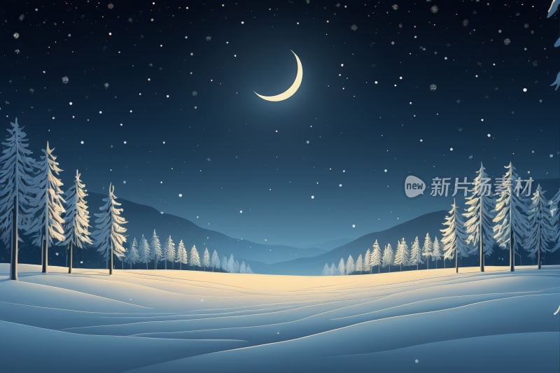 雪夜景有新月和松树高清背景图片