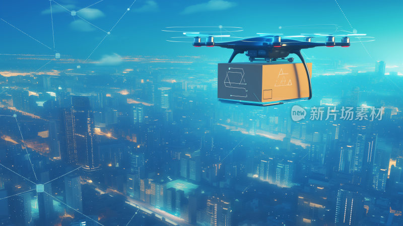 未来科技感，飞人机正在城市夜空运输快递