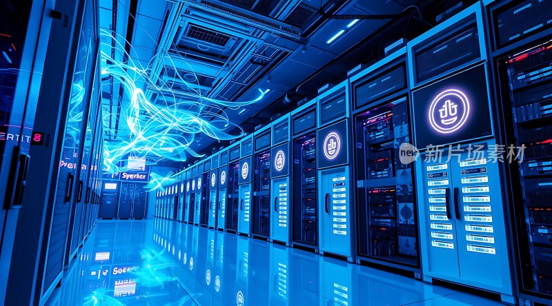 科技感数据中心蓝色光效服务器集群