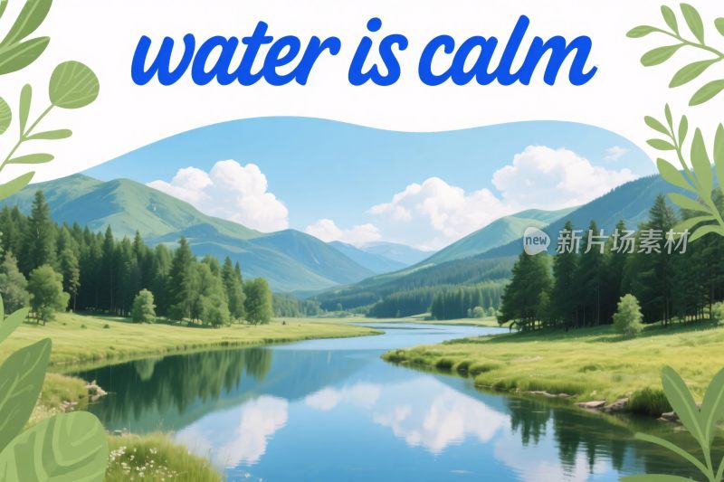 山水湖景插画海报