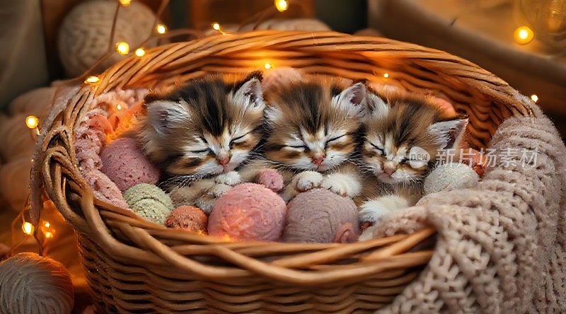 三只小猫在篮子里睡觉