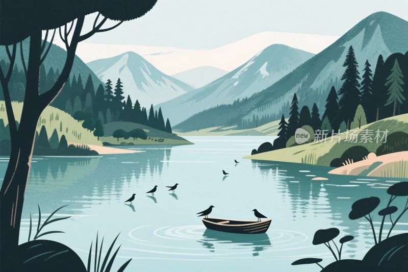 山水湖景插画