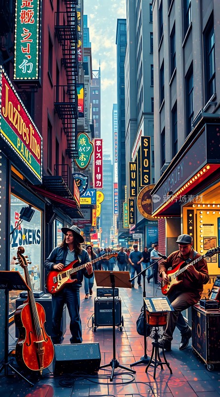 街头吉他手与繁华都市夜景