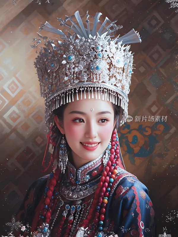 银色头饰与红色珠串的结合展现民族风情之美