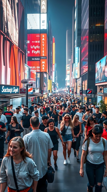 繁华都市街头人群熙攘霓虹闪烁