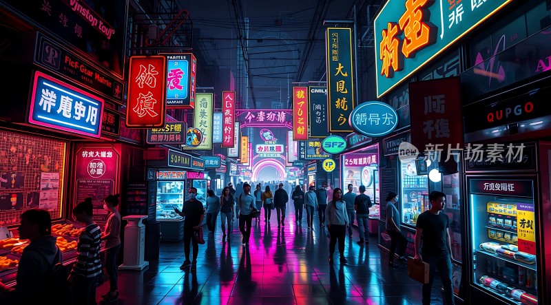霓虹灯下的繁华夜市